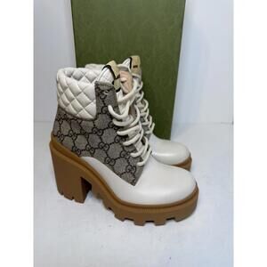 Gucci GG Canvas Lug Sole Ankle Boots Ivory Brown Women EU 34 New Box